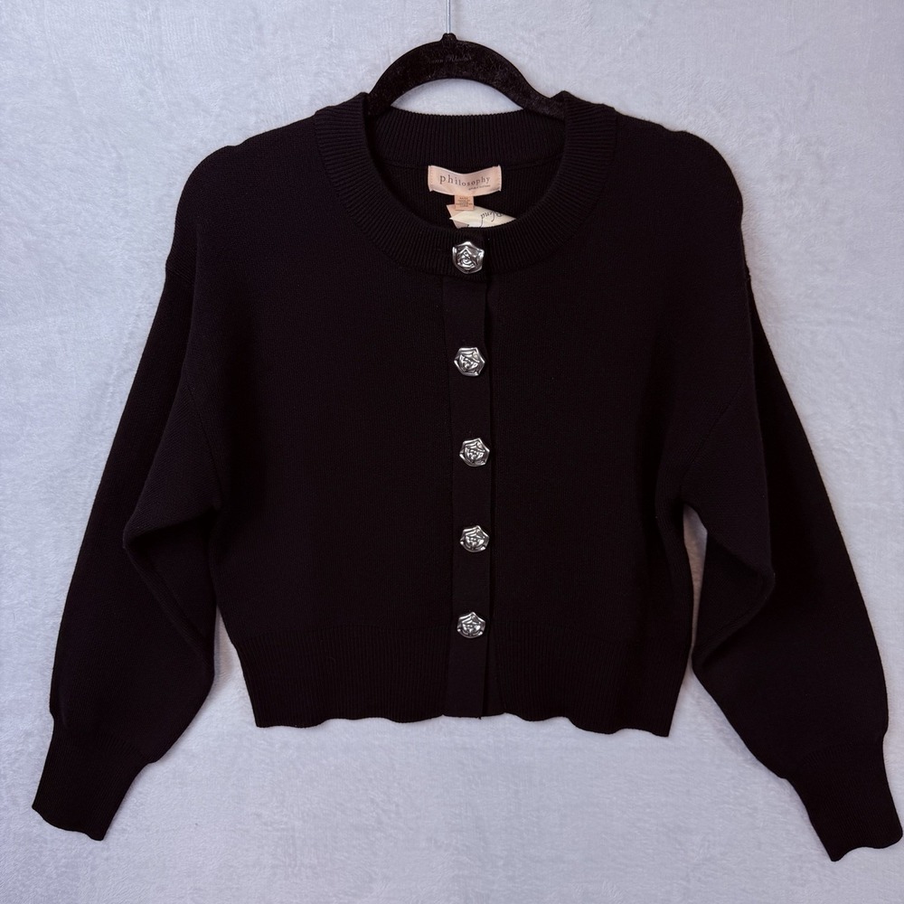 Philosophy Black Knit Cardigan Sweater Ornate Silver Button Front Preppy Classic